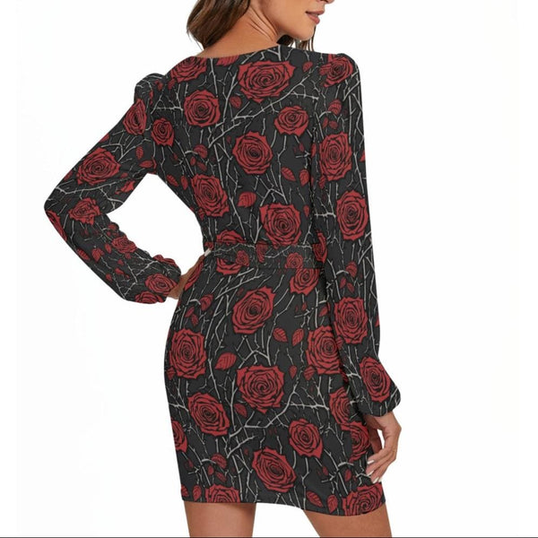 Women's Gothic Red Rose Vine Long Sleeve Dress With Waist Belt