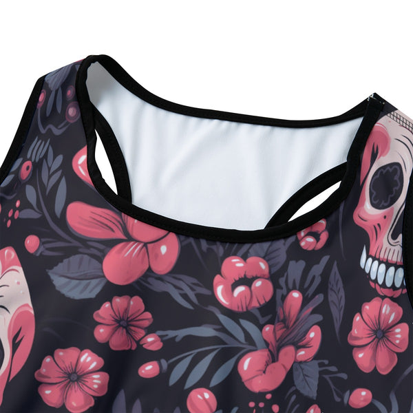 Women's Pink Flowers & Skulls Sports Bra