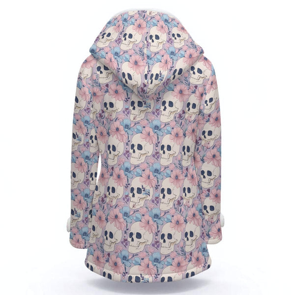 Women's Pastel Skulls Floral Hooded Double-Breasted Winter Coat With Fleece