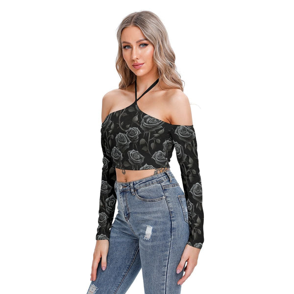 Women's Black Roses Halter Lace-up Long Sleeve Crop Top