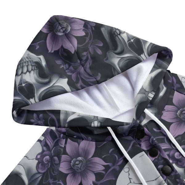 Women's Purple Floral Skulls Lapel Hoodie with Pocket