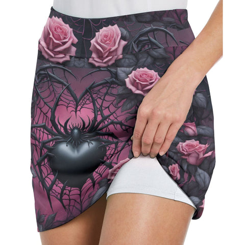 Women's Gothic Pink Roses With Black Spider Middle-Waisted Skorts