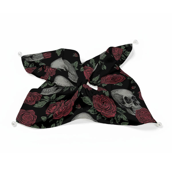 Skulls With Red Roses Satin Pearl Hair Tie