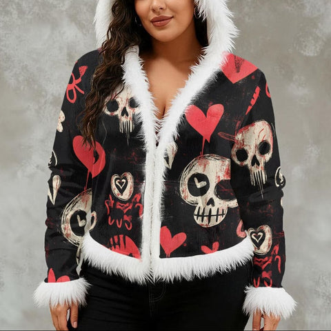 Women's Red Hearts Skulls Faux Fur Trim Hooded Jacket