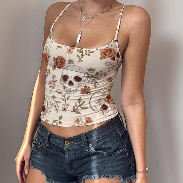 Women's Skulls With Brown Floral Pattern Spaghetti Strap Tank Top