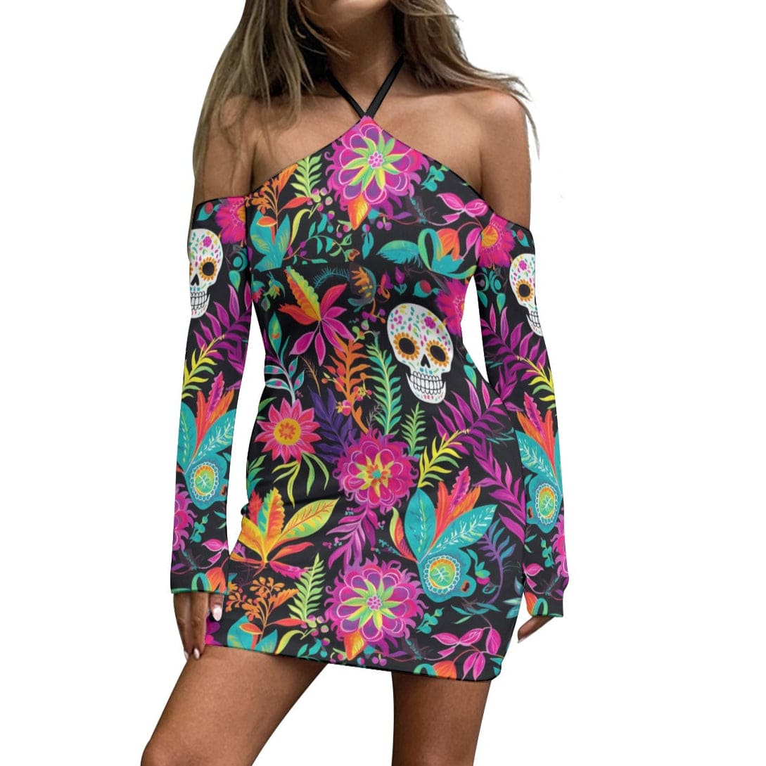 Women's Tropical Flora Skull Halter Lace-Up Dress Xs