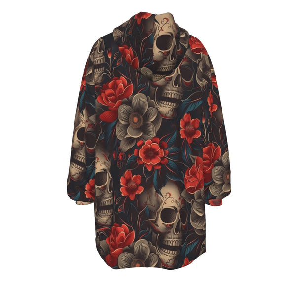 Women's Skulls With Red Flowers Sherpa Fleece Hoodie