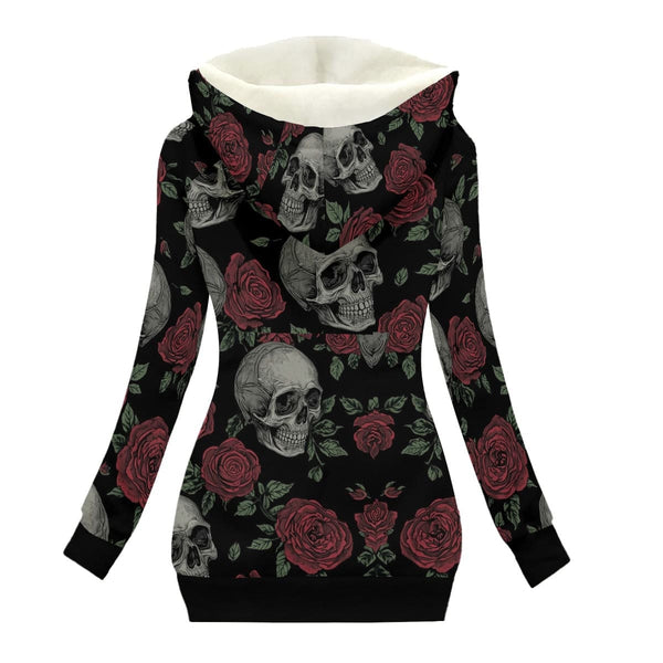 Women's Skulls And Red Roses Long Jacket With Fleece Lining