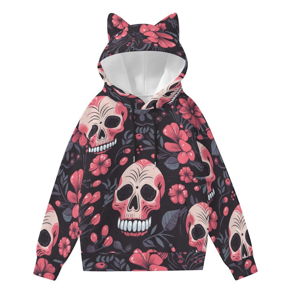 Women’s Pink Skulls &amp; Flowers Hoodie With Decorative Ears