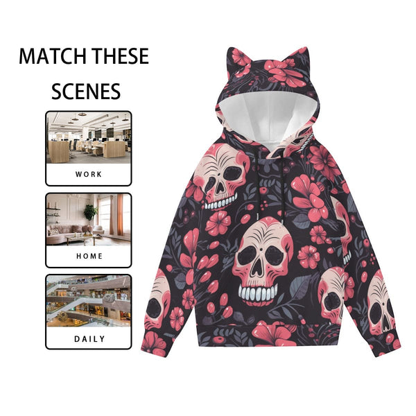 Women’s Pink Skulls & Flowers Hoodie With Decorative Ears