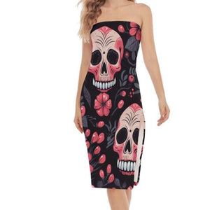 Women's Pink Floral Skulls Side Split Tube Top Dress