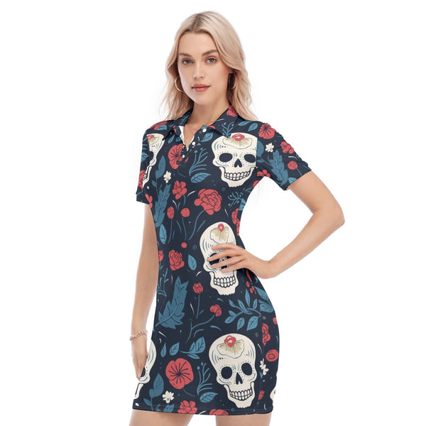 Women's Skull Red Blue Floral Polo Collar Dress