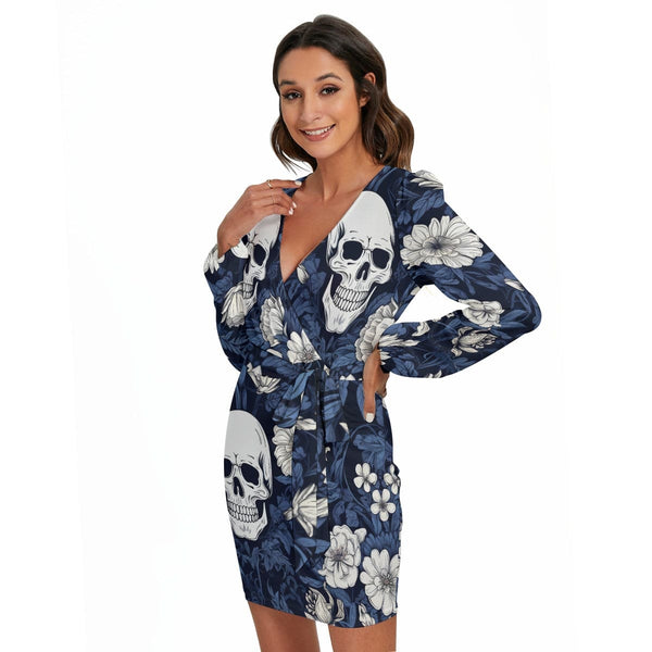 Women's Blue Floral Skulls V-Neck Long Sleeve Dress With Waist Belt