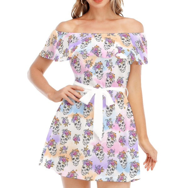 Pastel Skull Off Shoulder Ruffle Dress