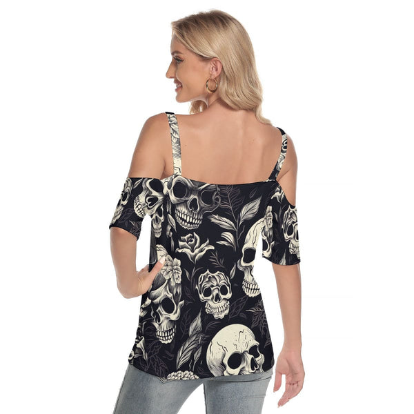 Women's Black With Skulls Cold Shoulder T-shirt With Criss Cross Straps