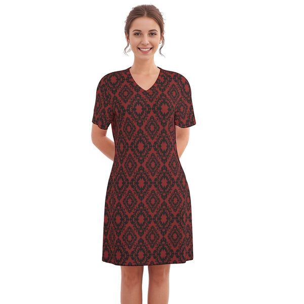 Women's Gothic Red Black Pattern V-Neck Short Sleeve Dress
