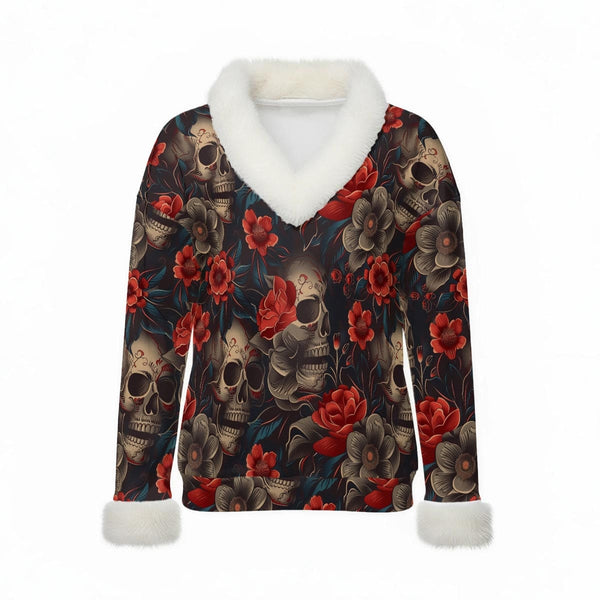Women's Red Roses And Skulls V-Neck Sweater With Fir Trim