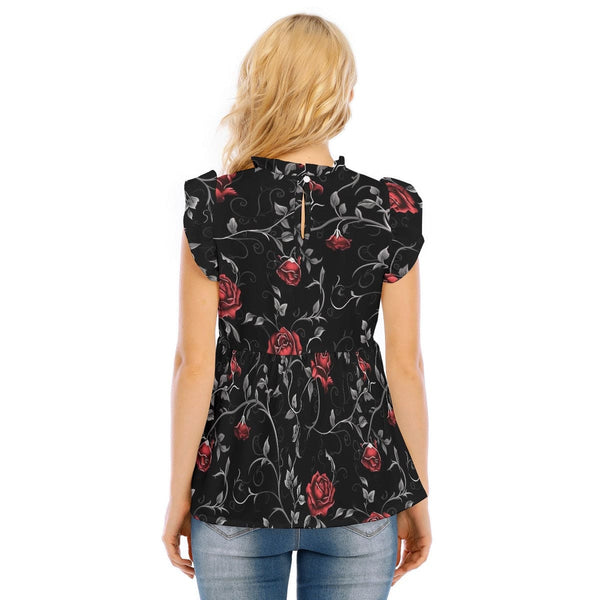 Women's Gothic Red Roses & Vines Blouse With Lotus Leaf Lace