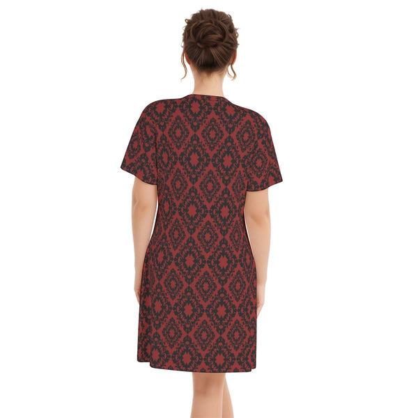 Women's Gothic Red Black Pattern V-Neck Short Sleeve Dress