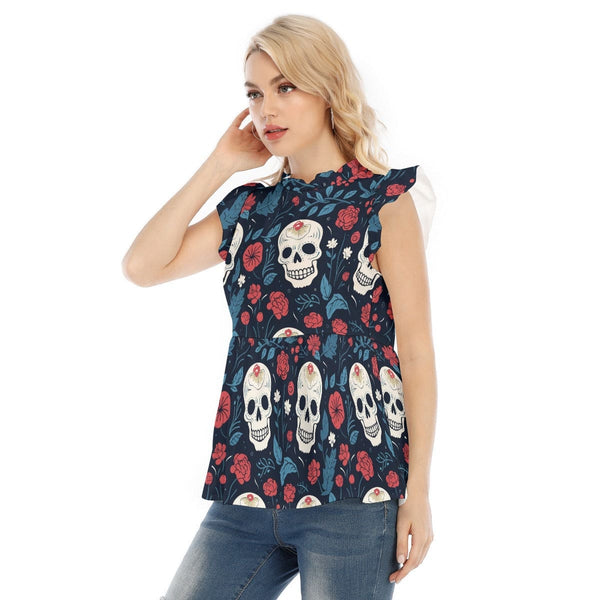 Women's Red Roses Skulls Blouse With Lotus Leaf Lace