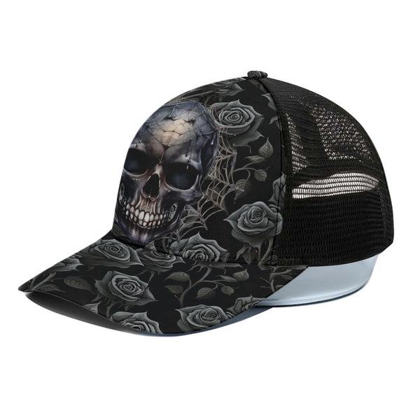 Black Roses With Spider Web Skull Unisex Trucker Hat With Black Half-mesh