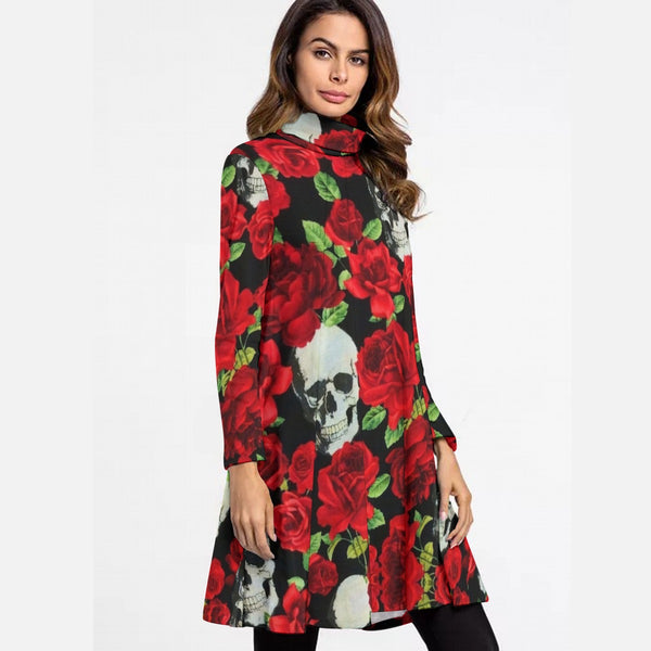 Women's Skulls Red Roses High Neck Dress With Long Sleeve