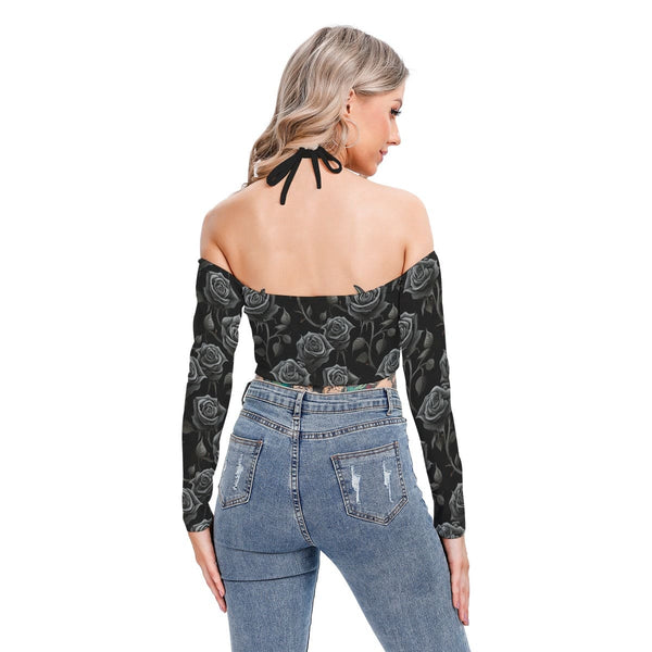 Women's Black Roses Halter Lace-up Long Sleeve Crop Top