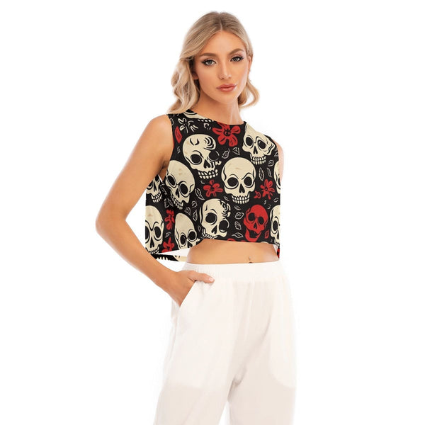 Women's Skulls With Red Flowers Sleeveless Cropped Top