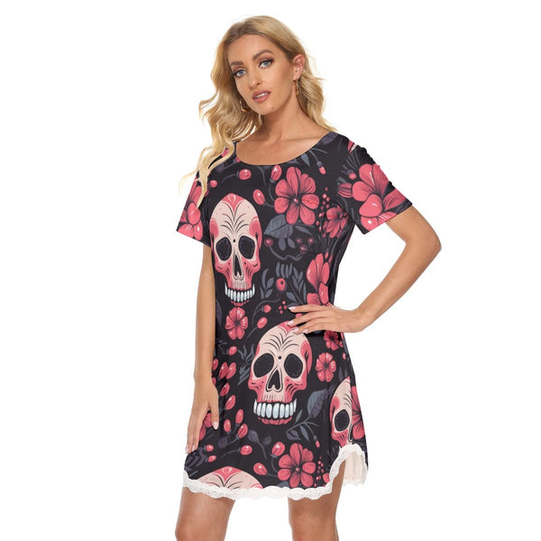 Women's Skulls With Pink Flowers Dress With Lace Edge