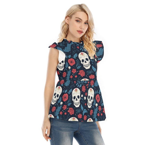 Women's Red Roses Skulls Blouse With Lotus Leaf Lace