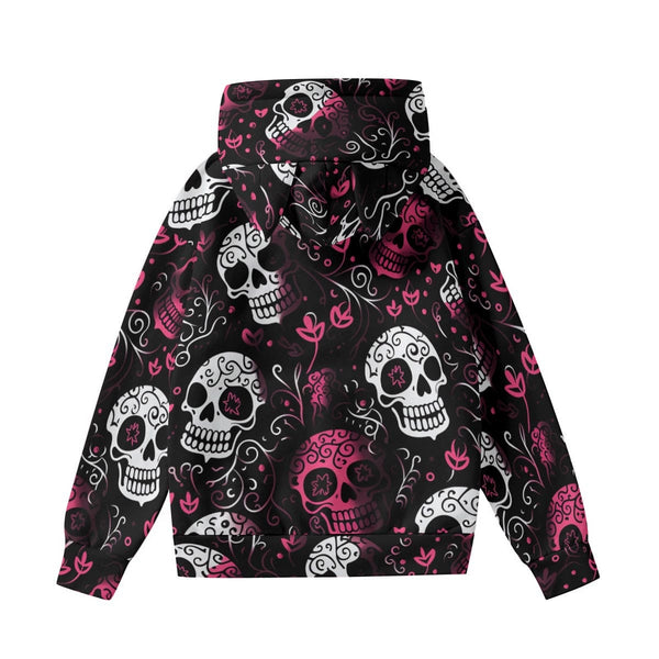 Women’s Pink & White Skulls Hoodie With Decorative Ears