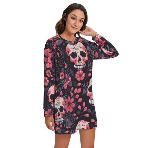 Women's Skulls Pink Flowers Round Neck Raglan Sleeve Sweater