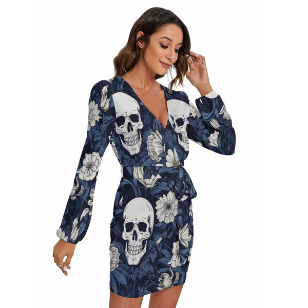 Women's Blue Floral Skulls V-Neck Long Sleeve Dress With Waist Belt