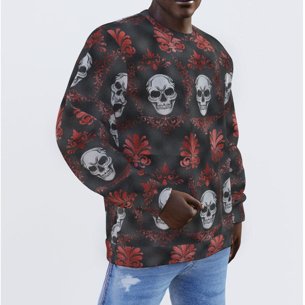 Men's Red Pattern With Skulls Long Sleeve Sweater