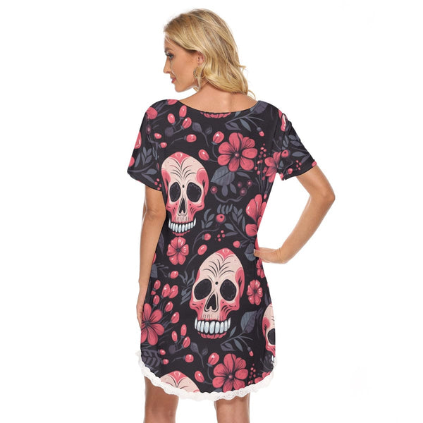 Women's Skulls With Pink Flowers Dress With Lace Edge