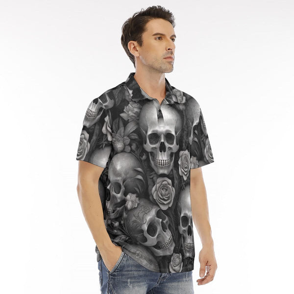 Men's Dark Skulls Flower Pattern Polo Shirt