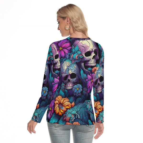 Women's Colorful Flowers Skulls O-neck Long Sleeve Top