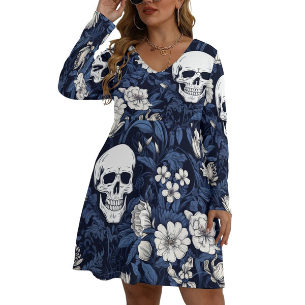 Women's Blue Floral Skulls V-neck Long Sleeve Plus Size Dress