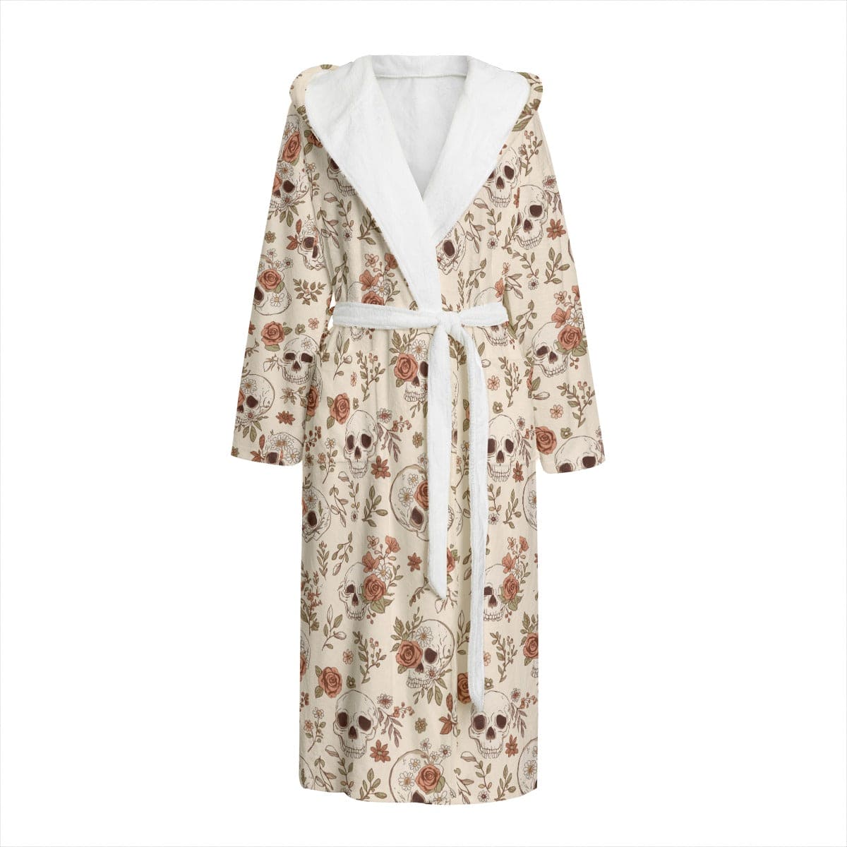 Women's Boho Skulls With Roses &amp; Daisies Flannel Hooded Bathrobe