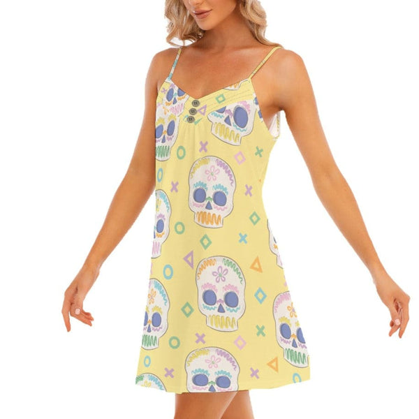 Womem's Yellow Skulls Print V-neck Sleeveless Cami Dress