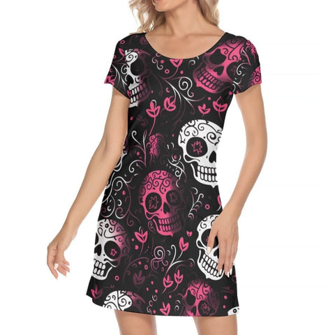 Women's Pink Skulls Short Sleeve O-neck Dress