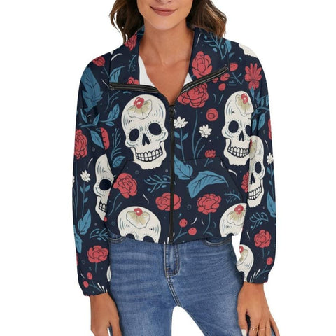 Women's Blue And Red Floral Skulls Zip Jacket