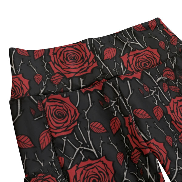 Gothic Red Roses Functional Women's Yoga Leggings With Side Pockets