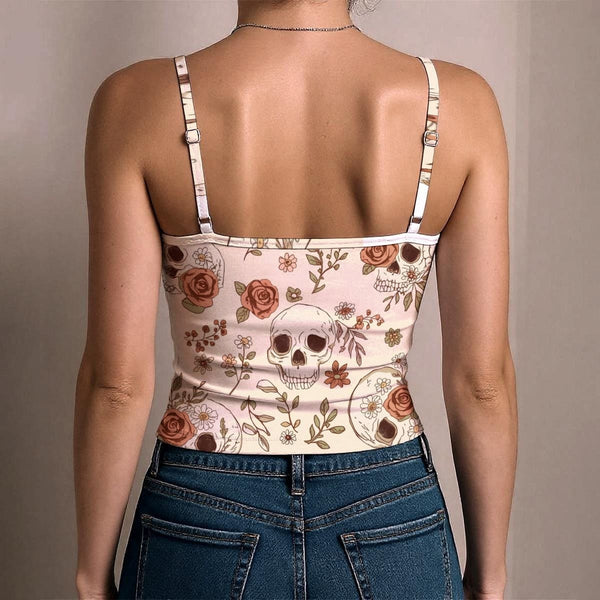 Women's Skulls With Brown Floral Pattern Spaghetti Strap Tank Top