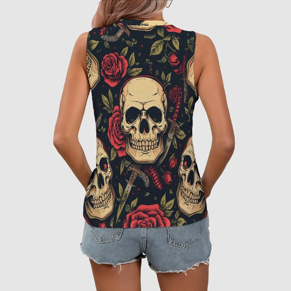 Women's Skulls & Red Roses Sleeveless V-Neck Tank Top