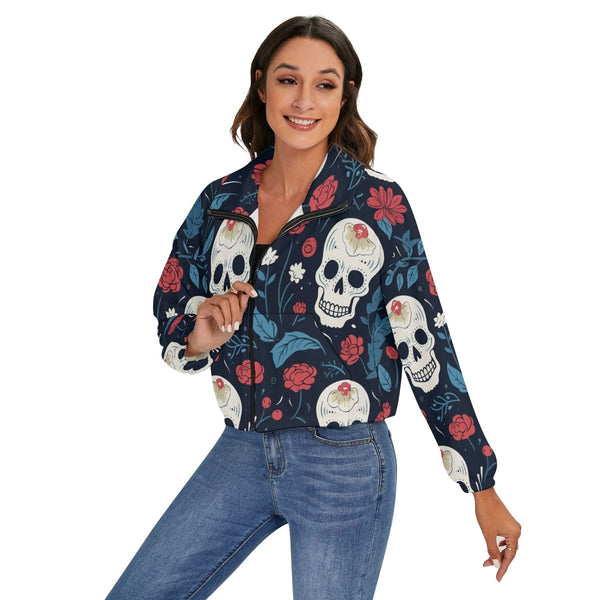 Women's Blue And Red Floral Skulls Zip Jacket