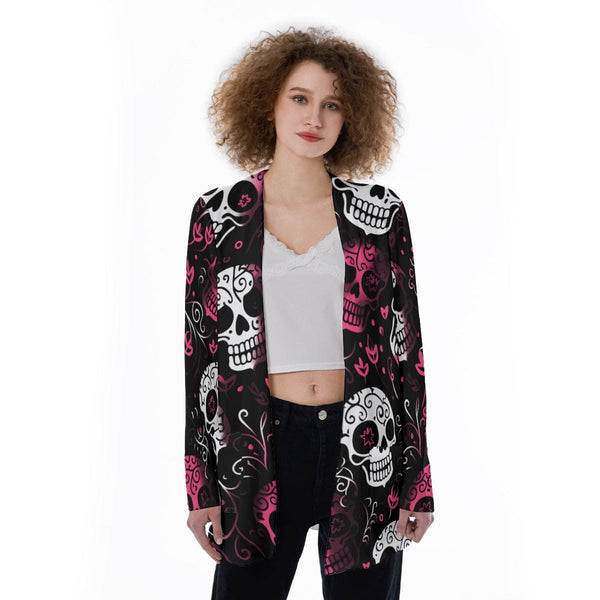 Women's White And Pink Skulls Patch Pocket Cardigan