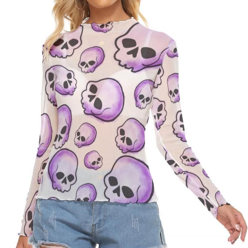 Women's Purple Skulls Mesh Long Sleeve Top