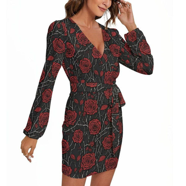 Women's Gothic Red Rose Vine Long Sleeve Dress With Waist Belt