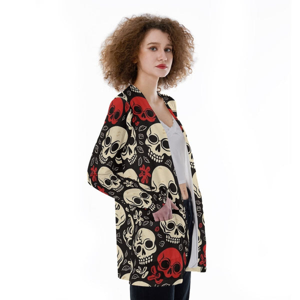 Women's Red White Skulls Sweater With Pocket